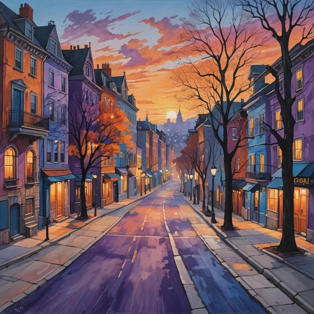 Colorful City Street at Sunset Painting