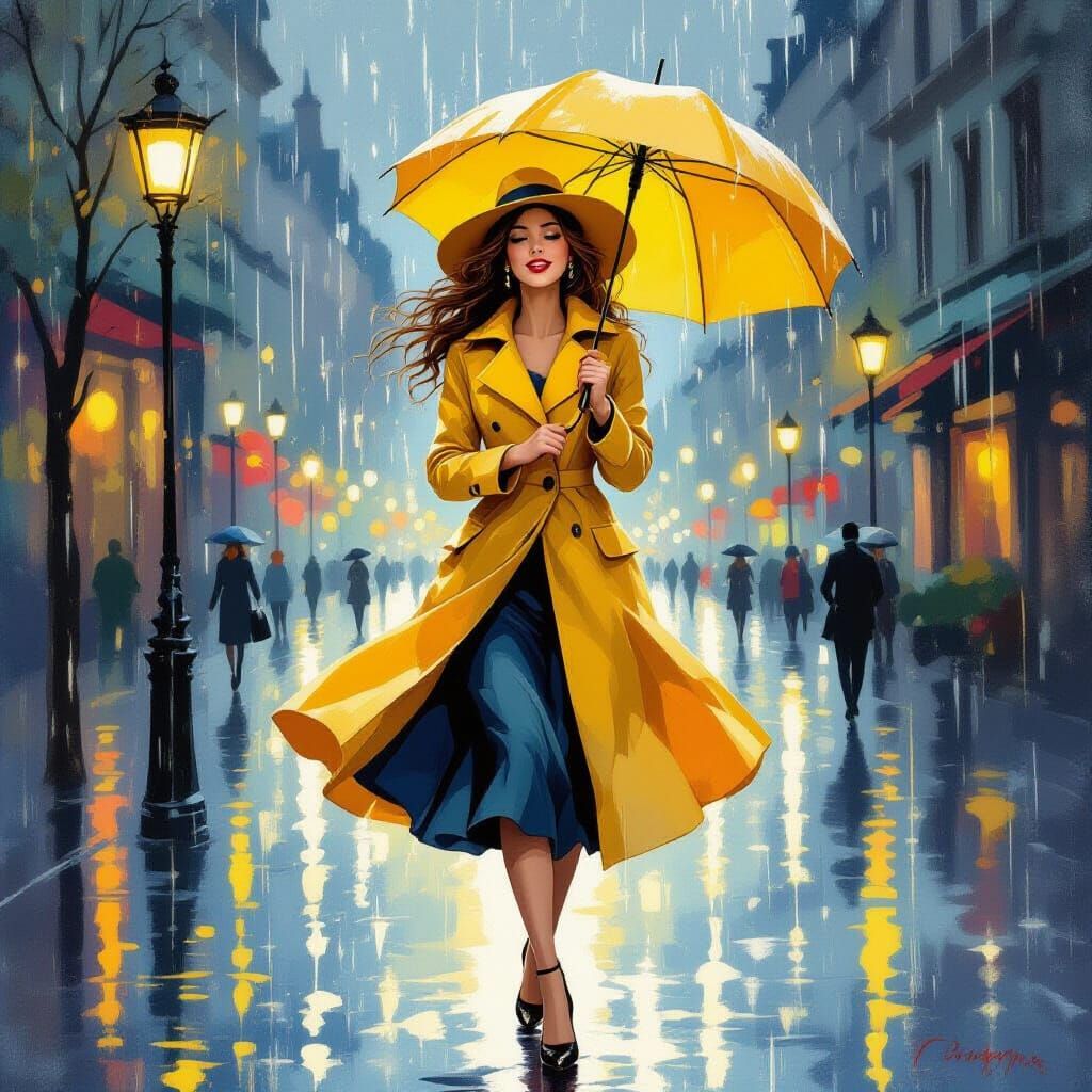 Woman Dancing in Rainy Impressionist Painting