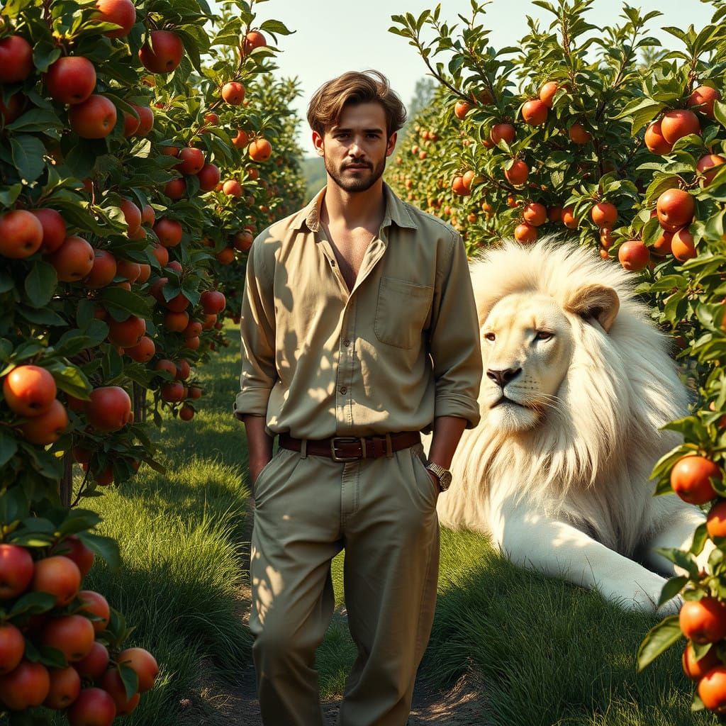 Surreal Apple Orchard Encounter with a Majestic White Lion