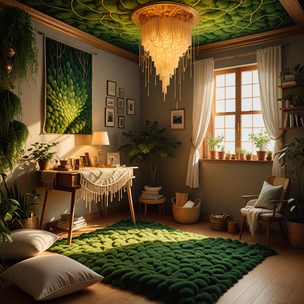Isometric Bedroom with Glowing Moss, Agnes Pelton Style