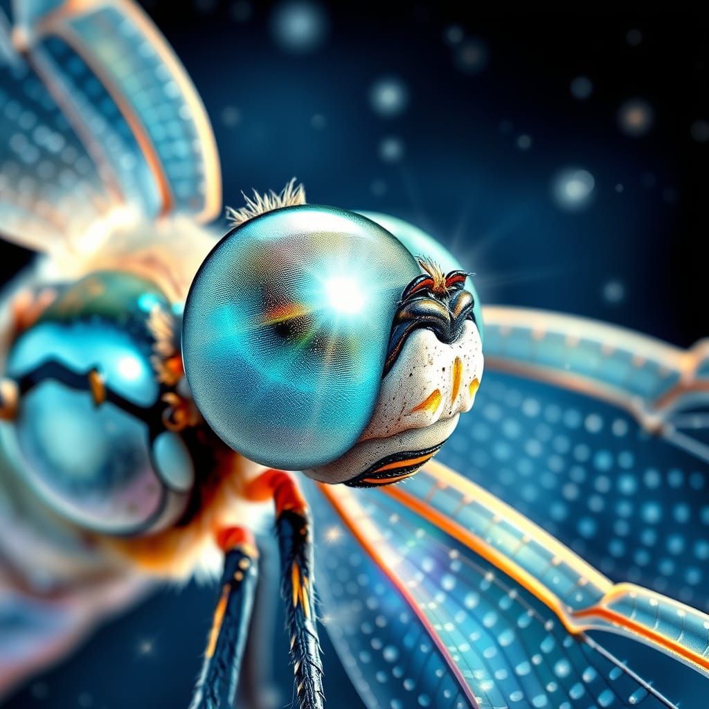Macro shot of a dragonfly's compound eyes refracting starlig...