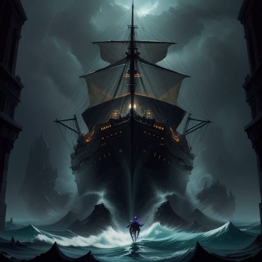Dark Fantasy Ship in Stormy Sea Concept Art