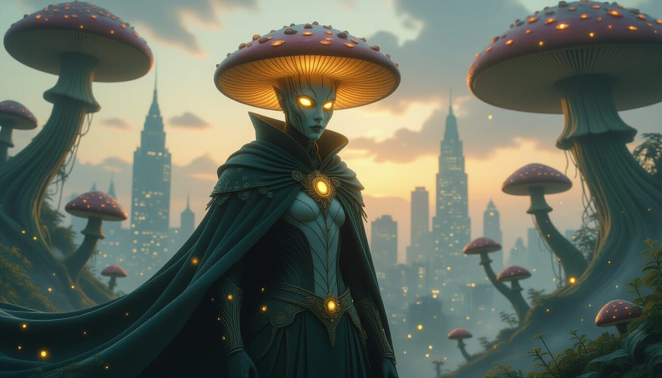Luminous Mushroom Villain in Biopunk Cityscape