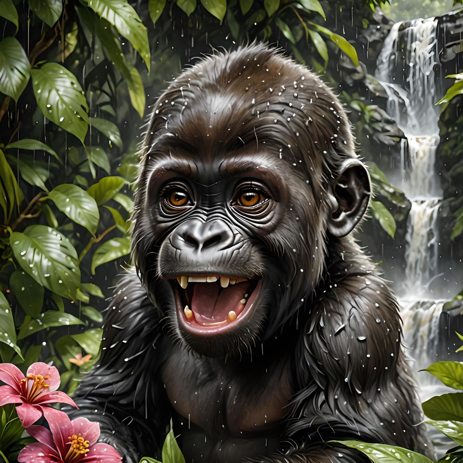 Joyful Baby Gorilla Portrait in Rainforest