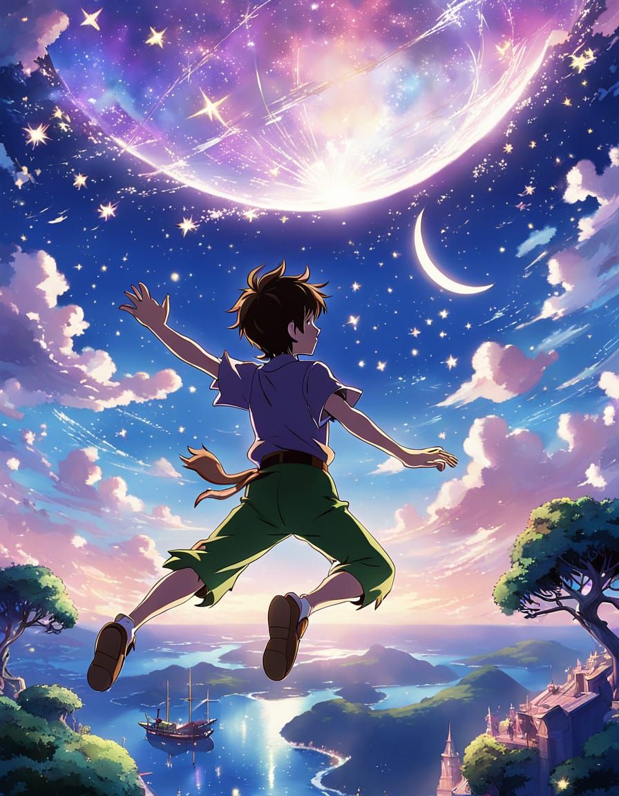 Peter Pan Soaring Over Neverland in Anime Style