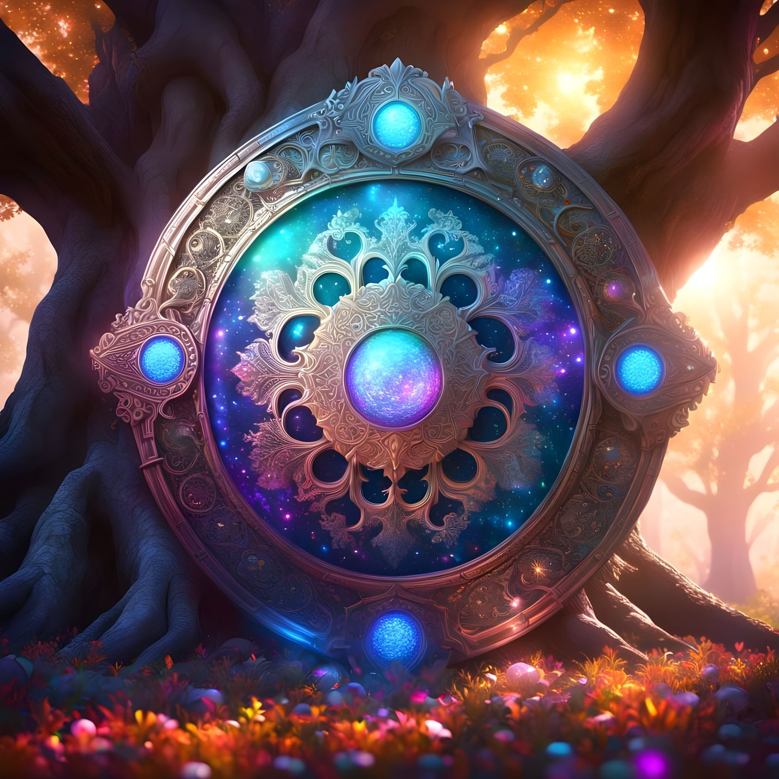 Gleaming Silver Shield Amidst Vibrant Light Globes