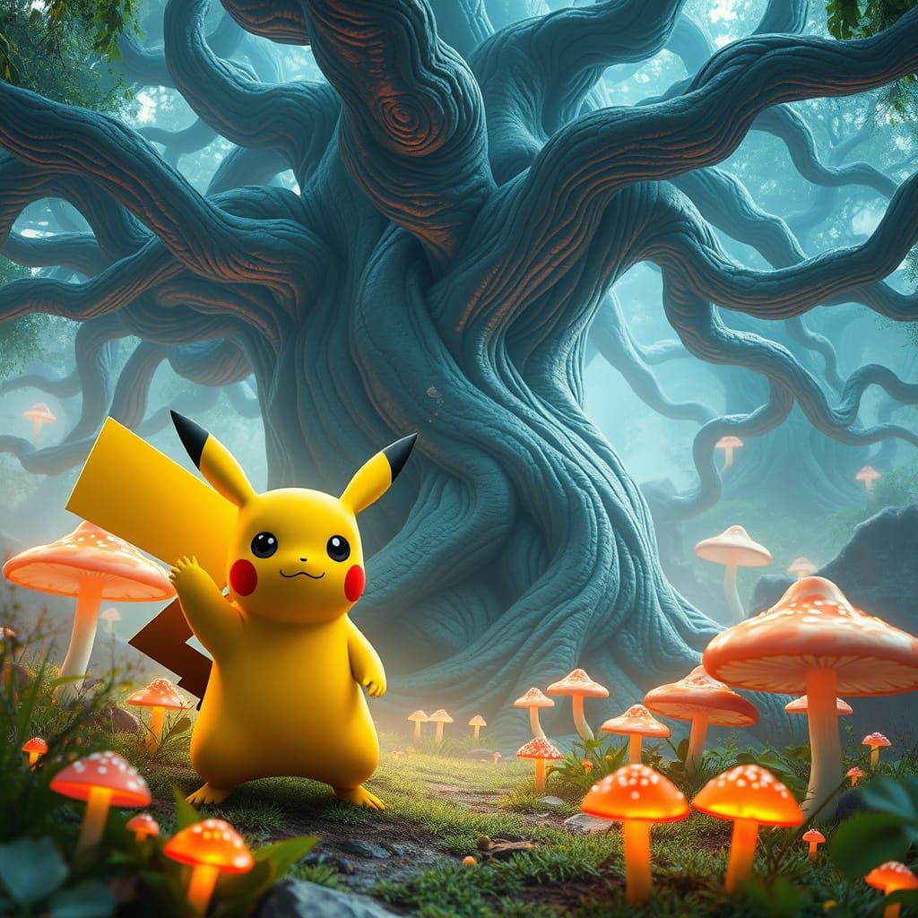 Pikachu in a Fantastical, Dreamlike Forest