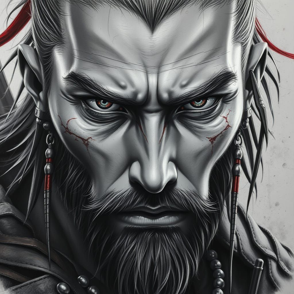 Grey-Eyed Barbarian Warrior in Charcoal Drawing