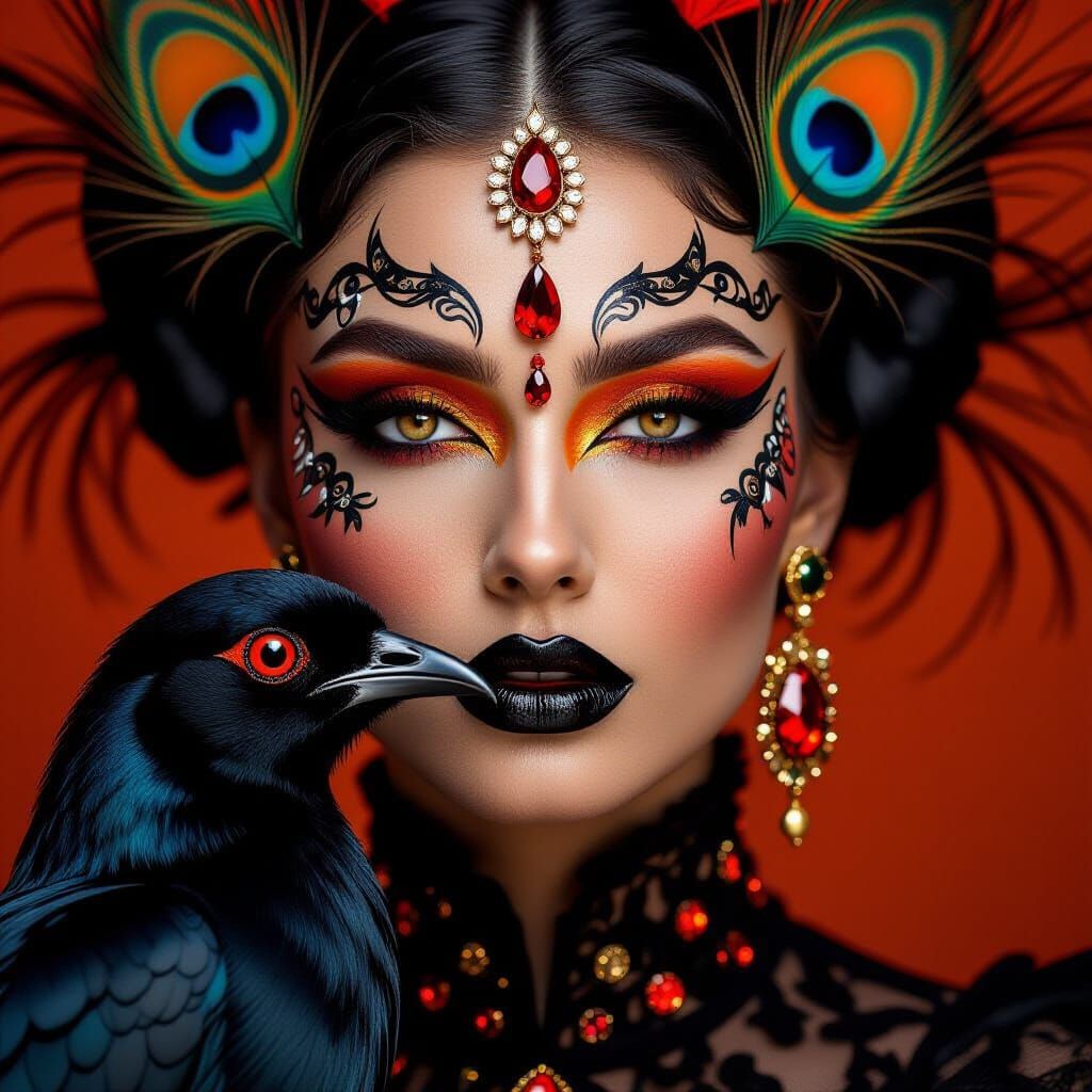 Striking Woman Portrait With Peacock Feathers and Black Bird