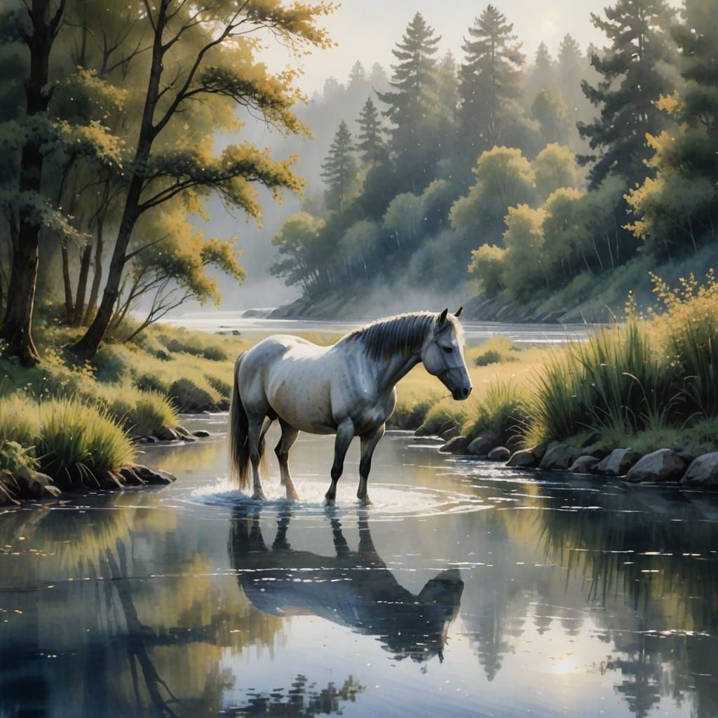 Impressionistic Watercolor Horse by River in Morning Light