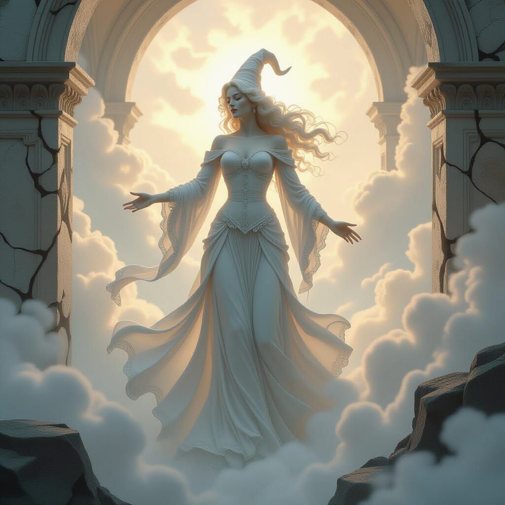 Ethereal Marble Witch Ascends Through Luminous Mist