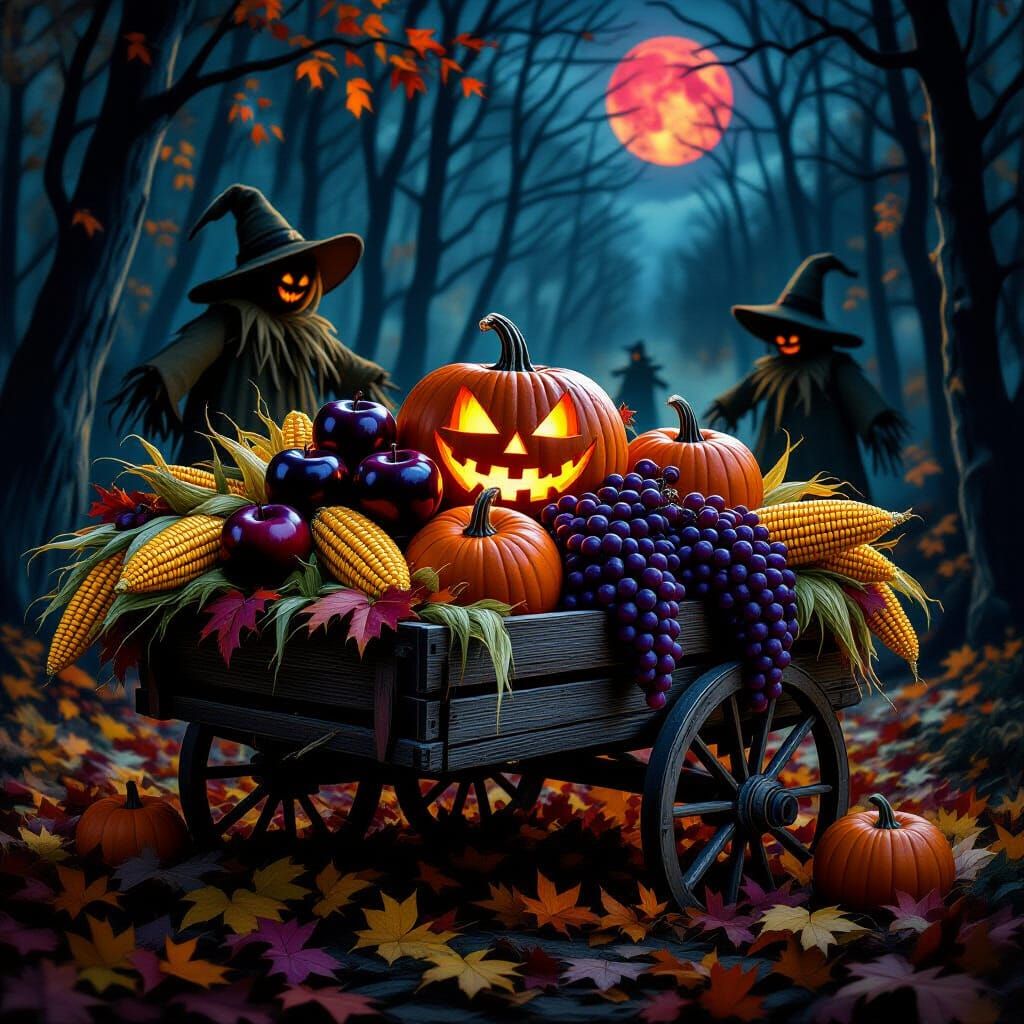 Nightmarish Autumn Harvest Cart in Eerie Forest