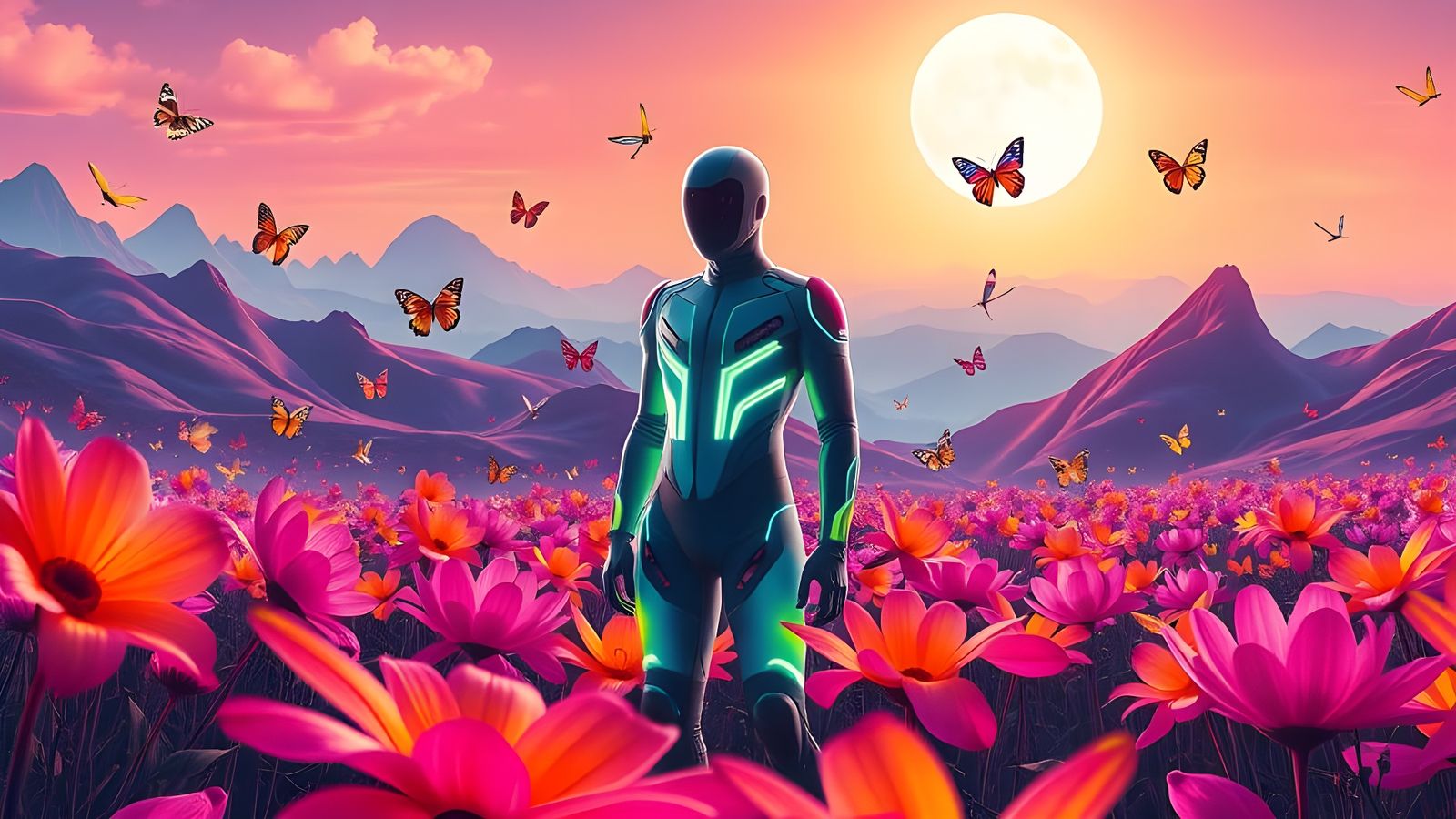 Vaporwave Field with Neon Flowers and Futuristic Figure