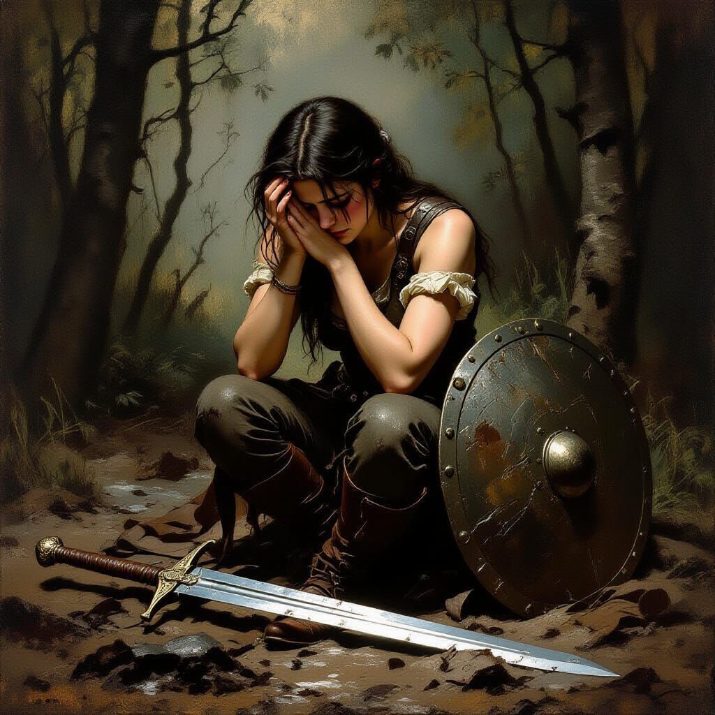 Grief Over Fallen Comrade in Dramatic Oil Painting