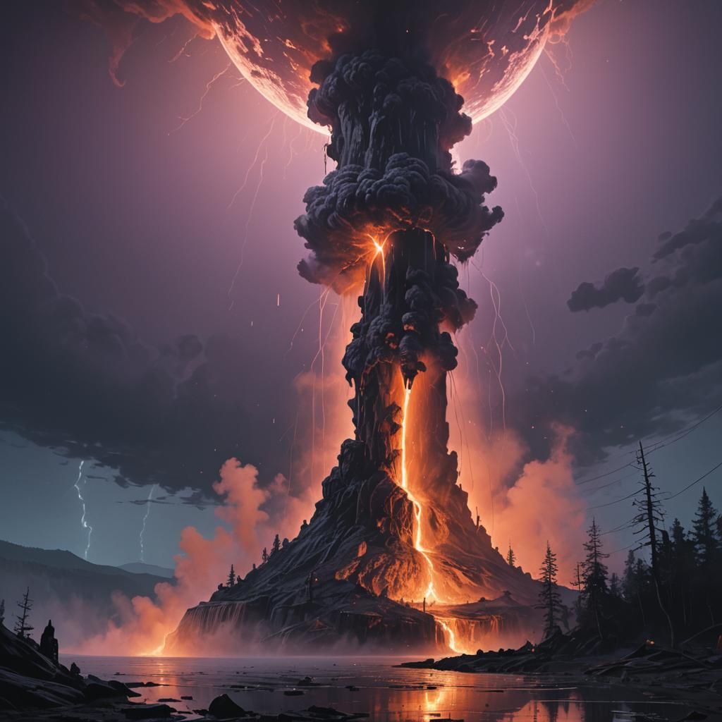 Erupting Geyser Under Black Moon: Dark Fantasy Art