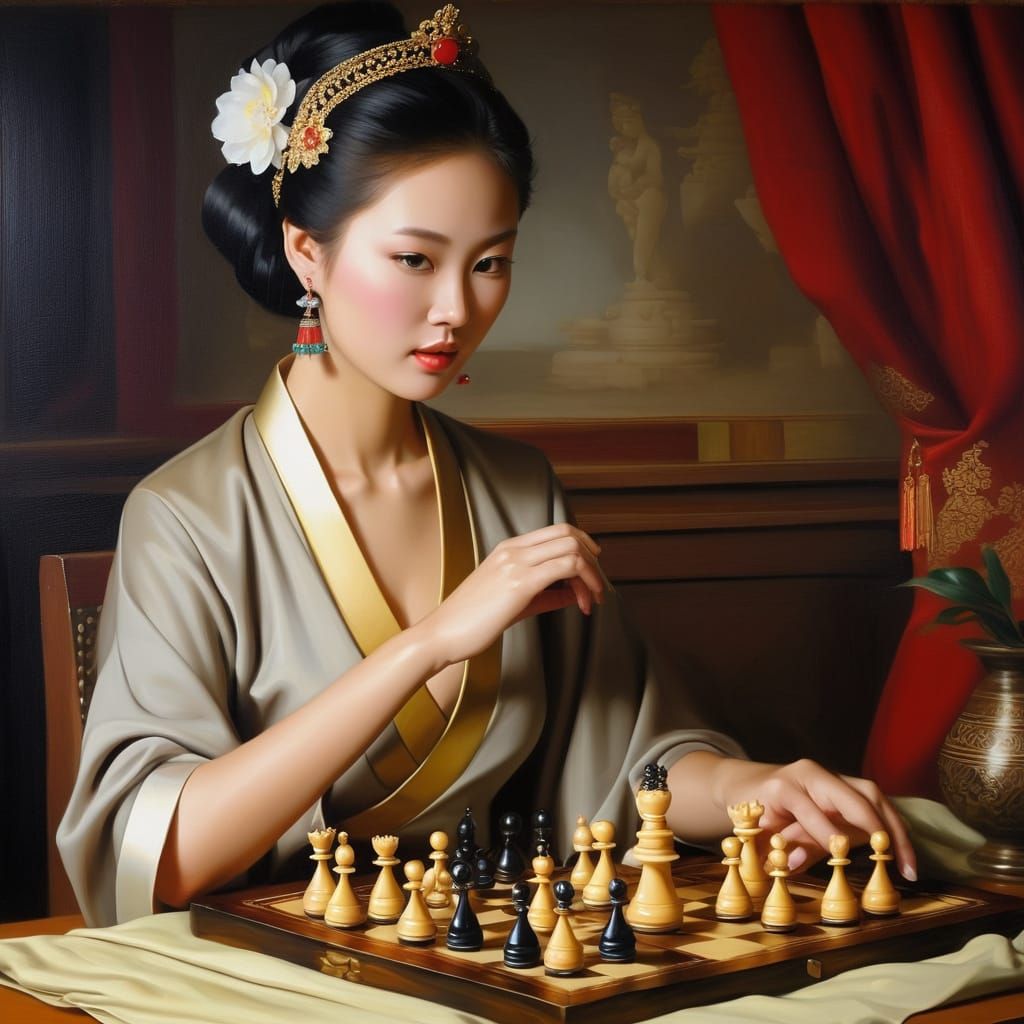 Elegant Asian Woman Playing Chess as Oil Painting