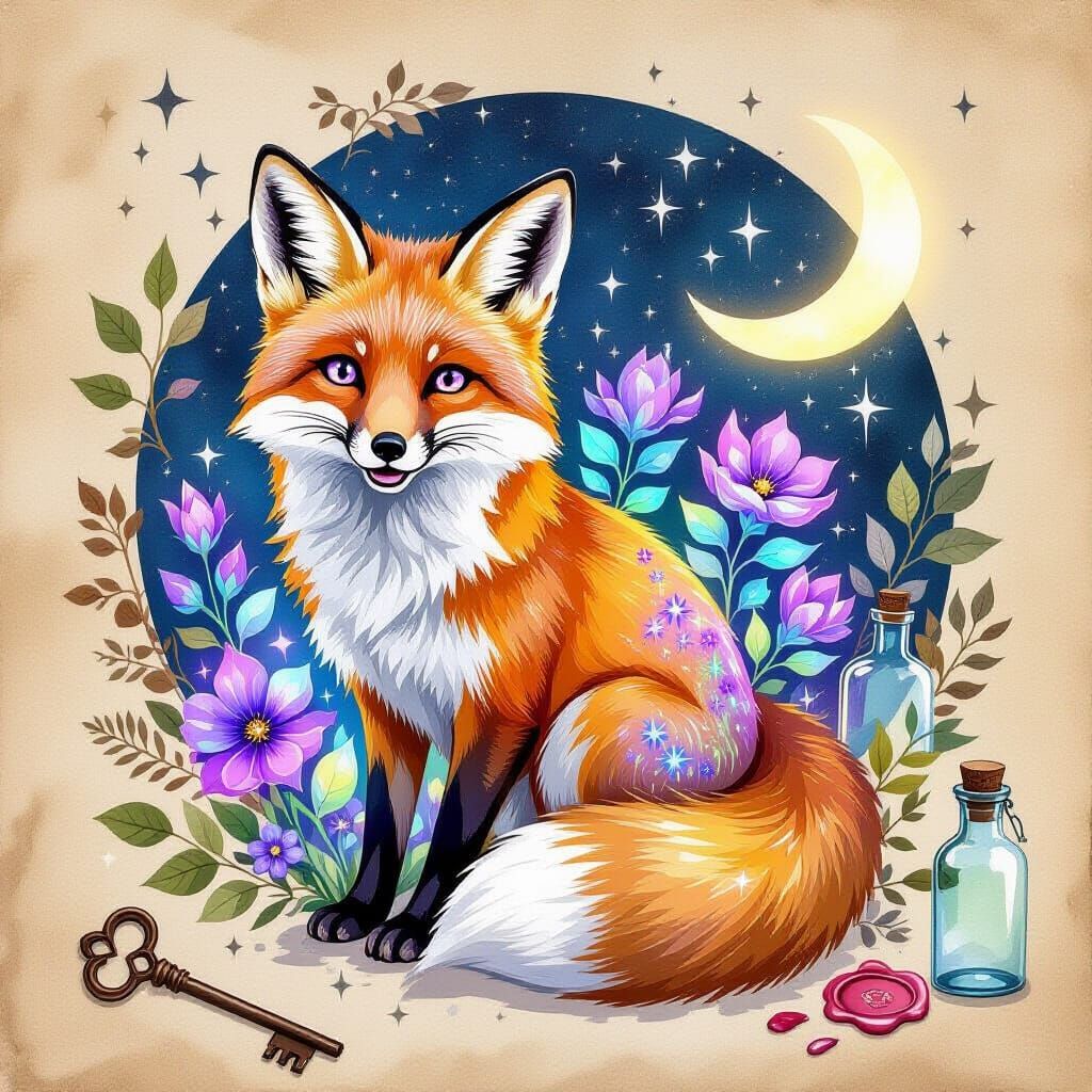 Red Fox with Glowing Flowers in Magical Woodland Style