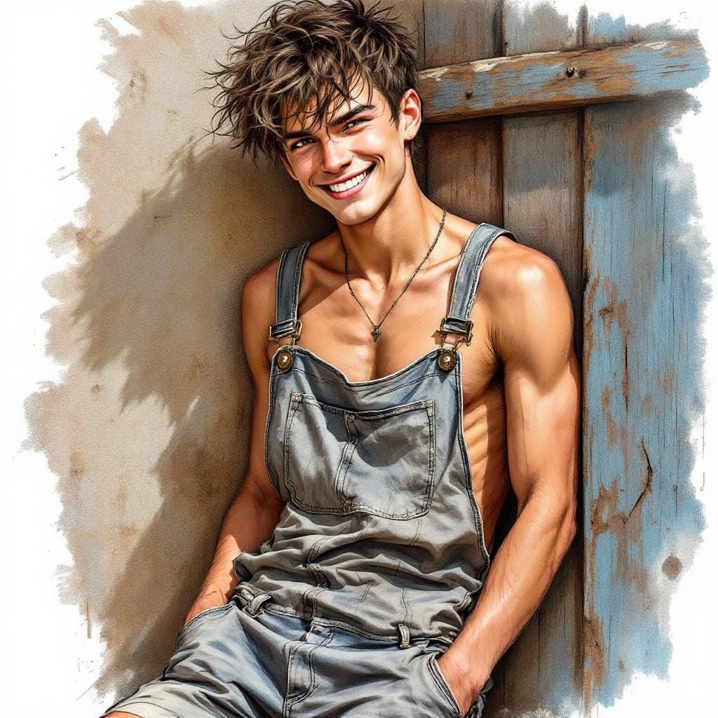 Young Man in Dungarees, Expressive Art Style