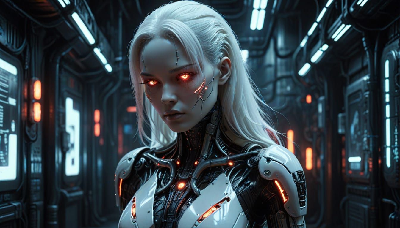 Cyberpunk Gynoid with Neon Reflections