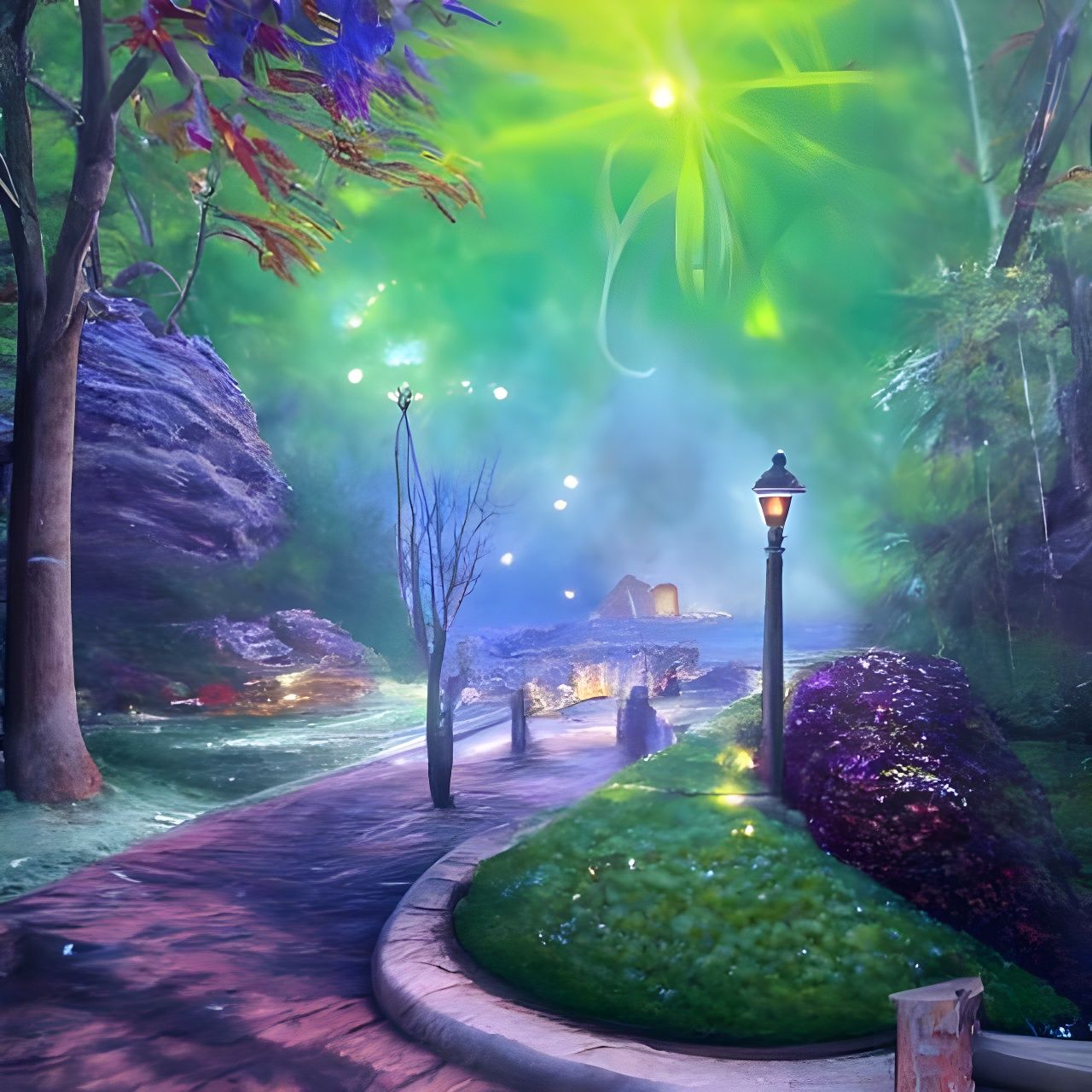 Ethereal Cobblestone Path Under Starry Night Sky