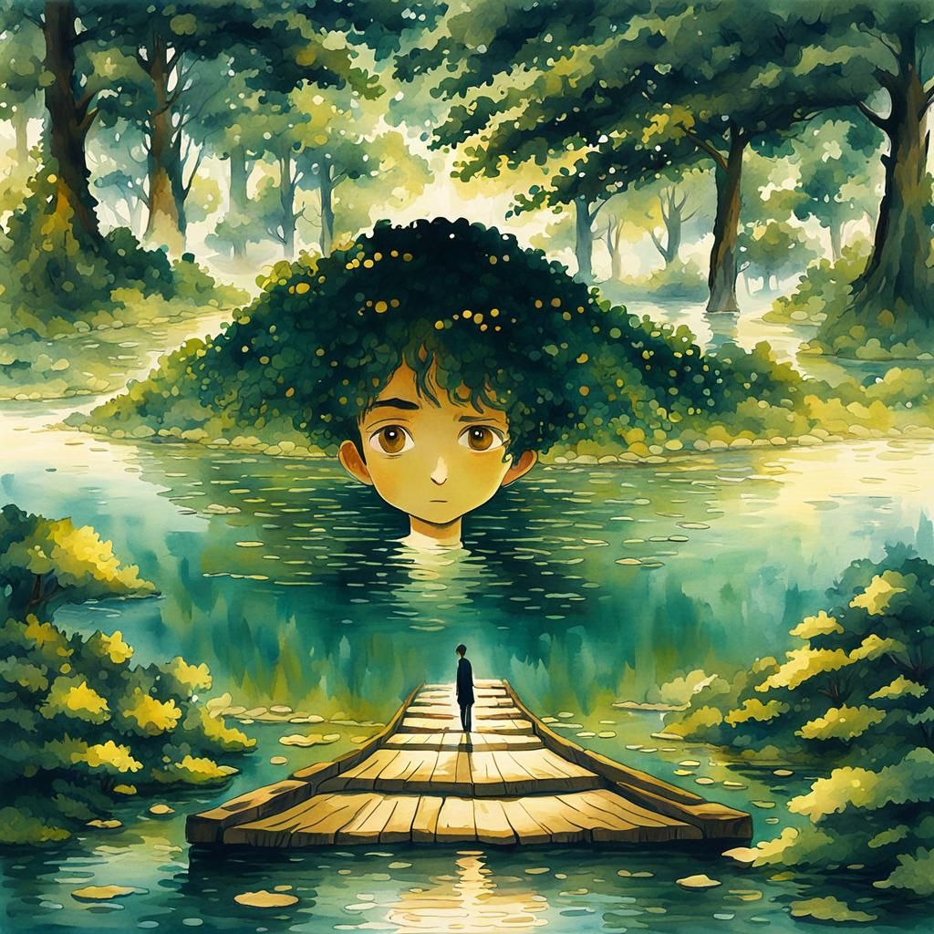 Whimsical Anime Portrait of a Young Boy in a Serene River La...