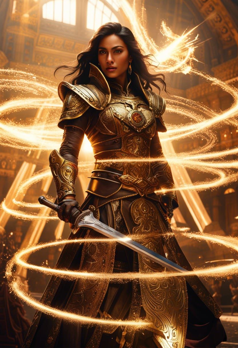 Armored Asian Woman with Magic Sparks, Detailed Rendering