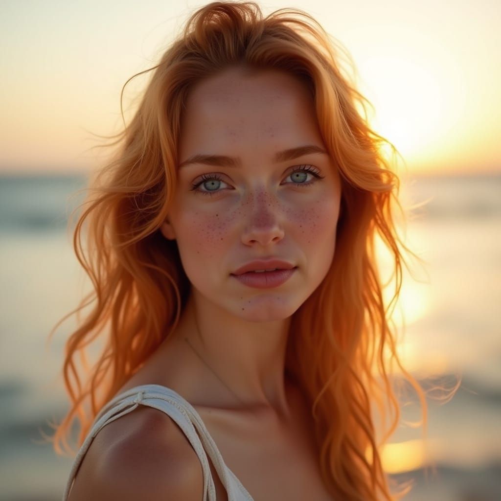 Redhead Woman on Serene Beach at Golden Hour