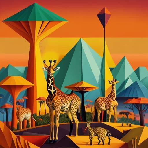Giraffe in Cubist Style on African Savanna