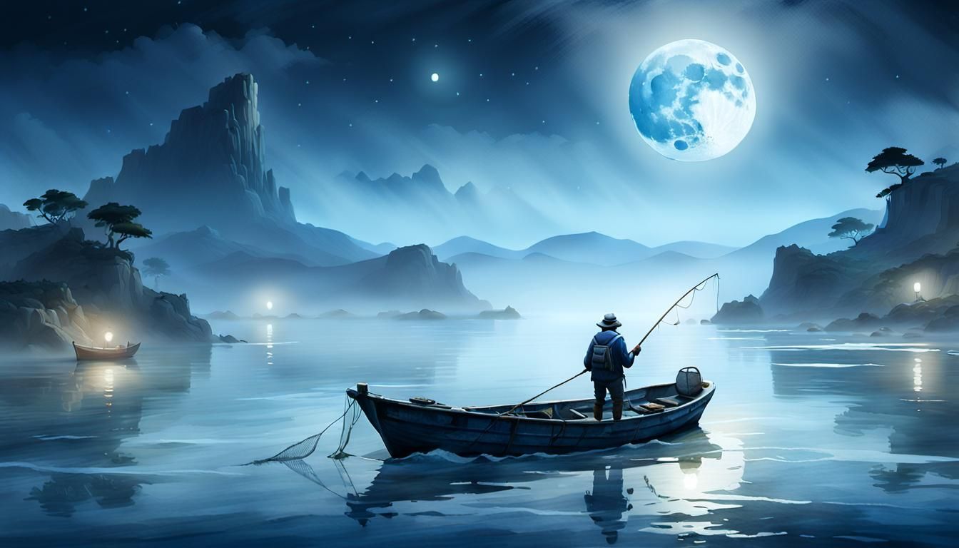Fisherman Casting Net by Moonlight in Naive Art Style