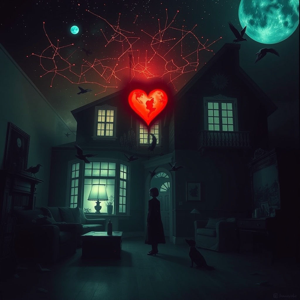 Surreal Star Map House with Girl and Magpies