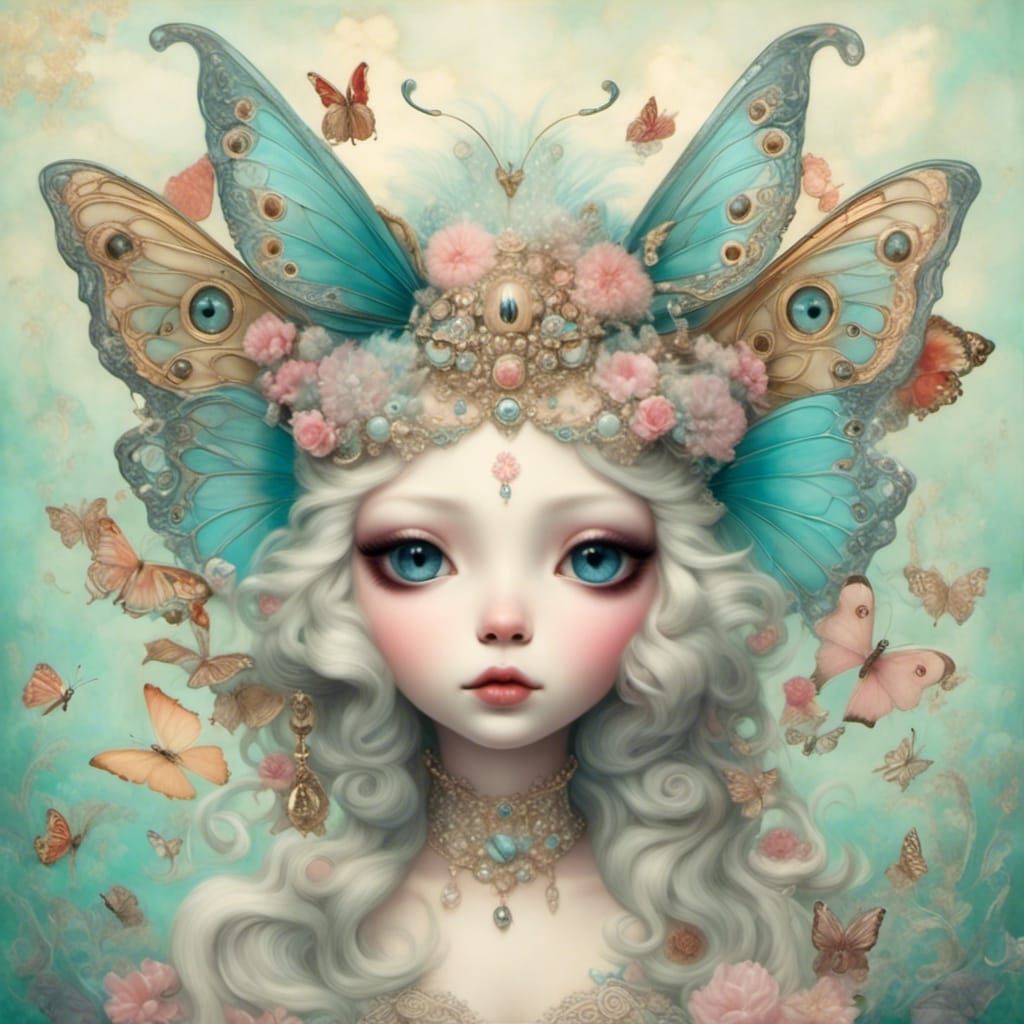 Whimsical Character with Butterfly Headpiece in Pop Surreali...