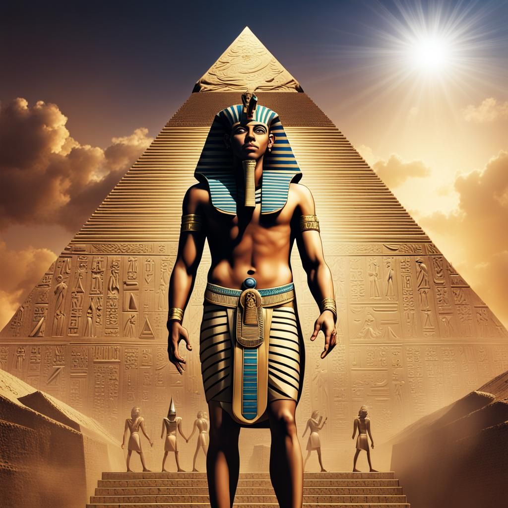 Egyptian Pharaoh in Pyramid with Hieroglyphs