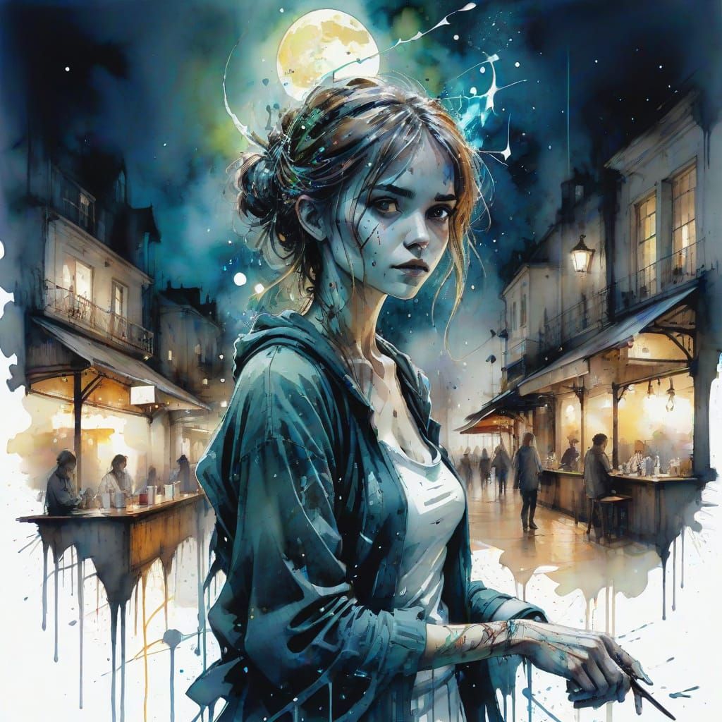 Spooky Moonlit Cafe with Ethereal Figures in Watercolour