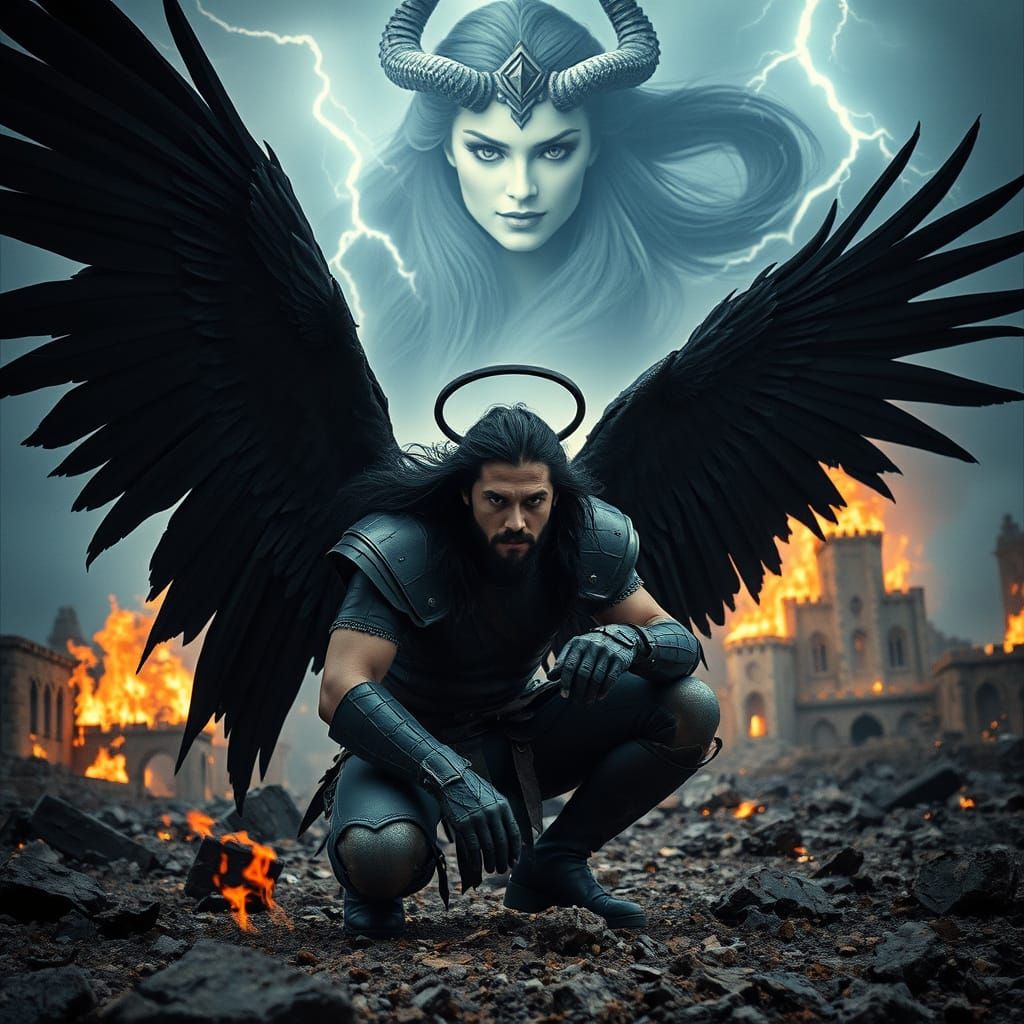 Dramatic Warrior in Ruined City with Goddess