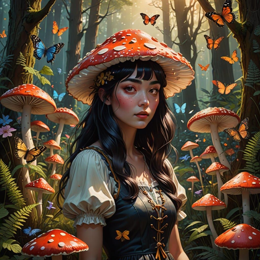 Mushroom Maiden in Enchanted Forest Surrealism
