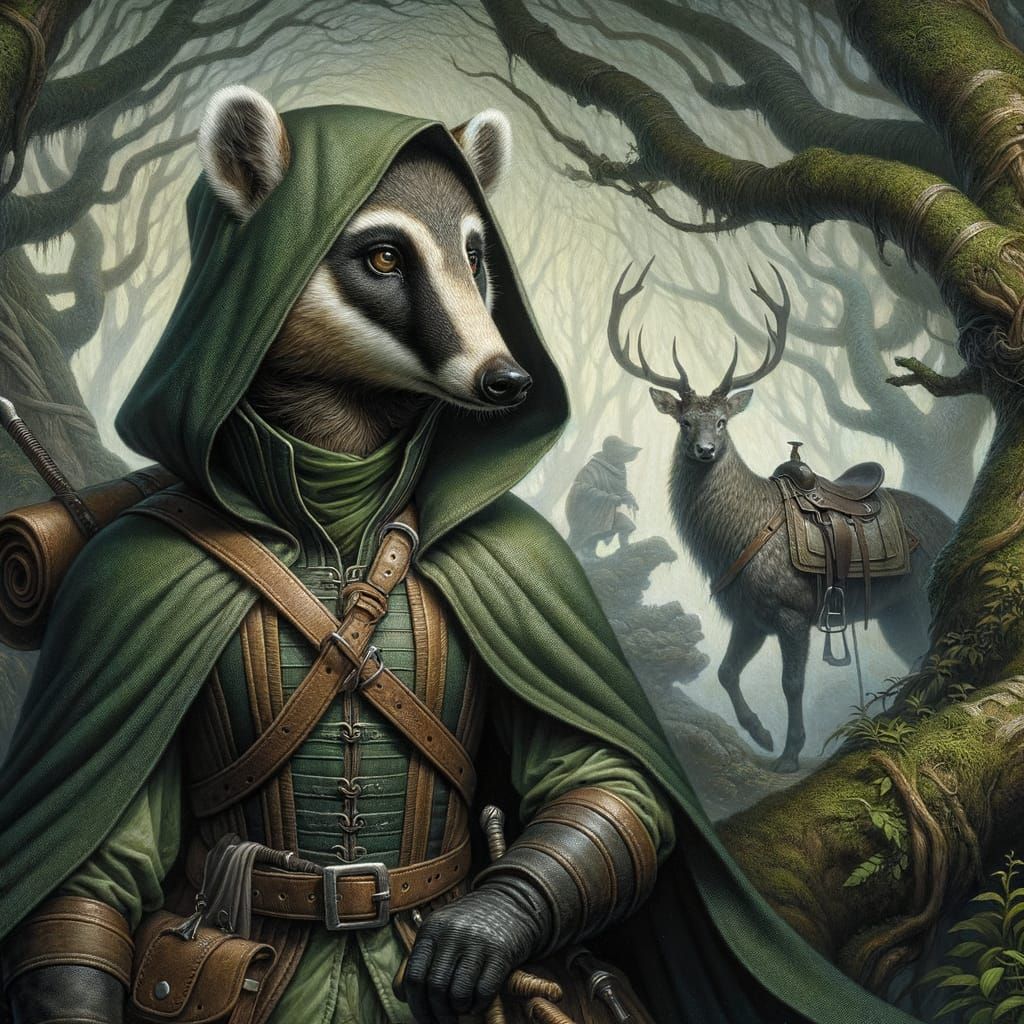 Coati Hunter in Ethereal Forest, Romantic Art Style