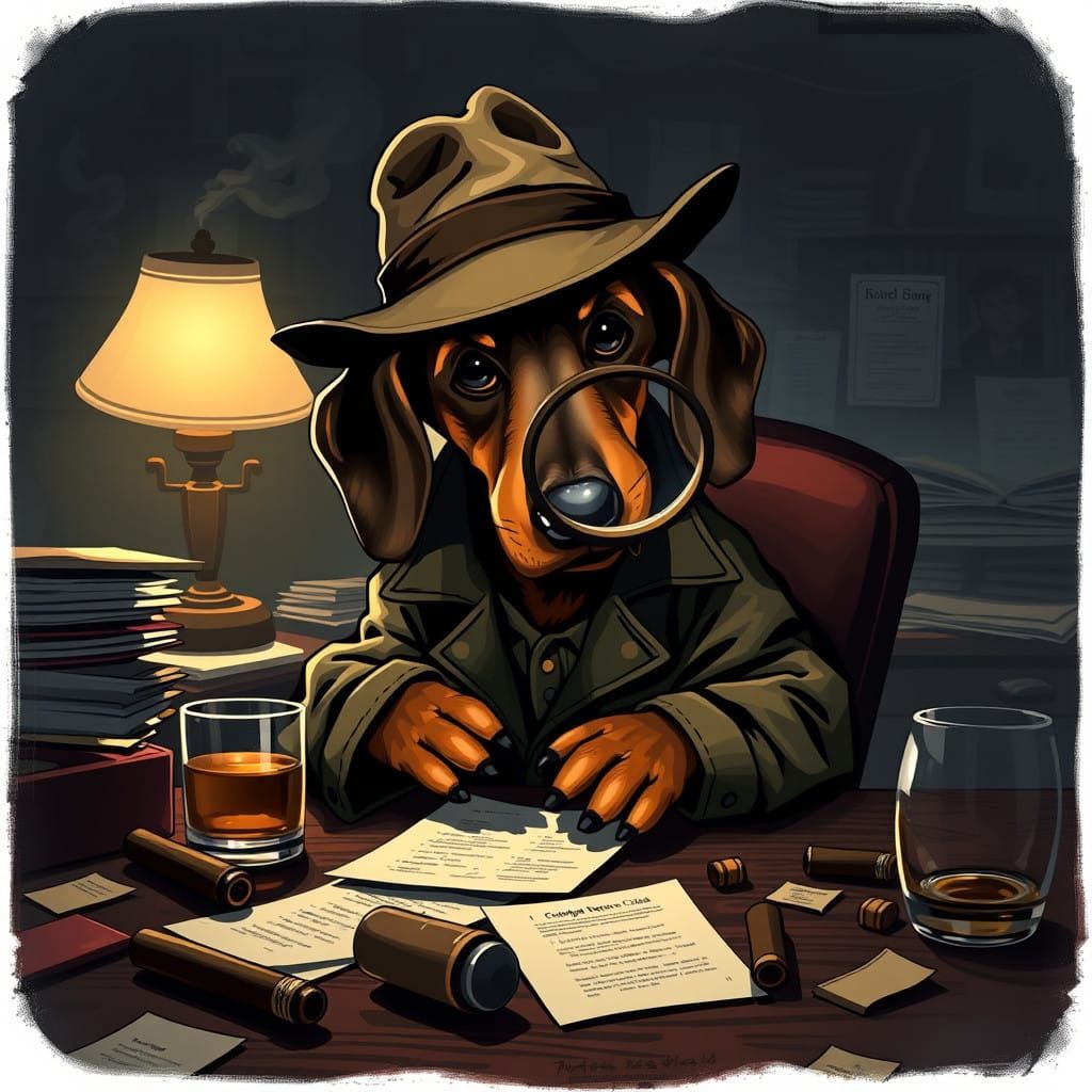 Moody Dachshund Detective in Smoky Noir Style