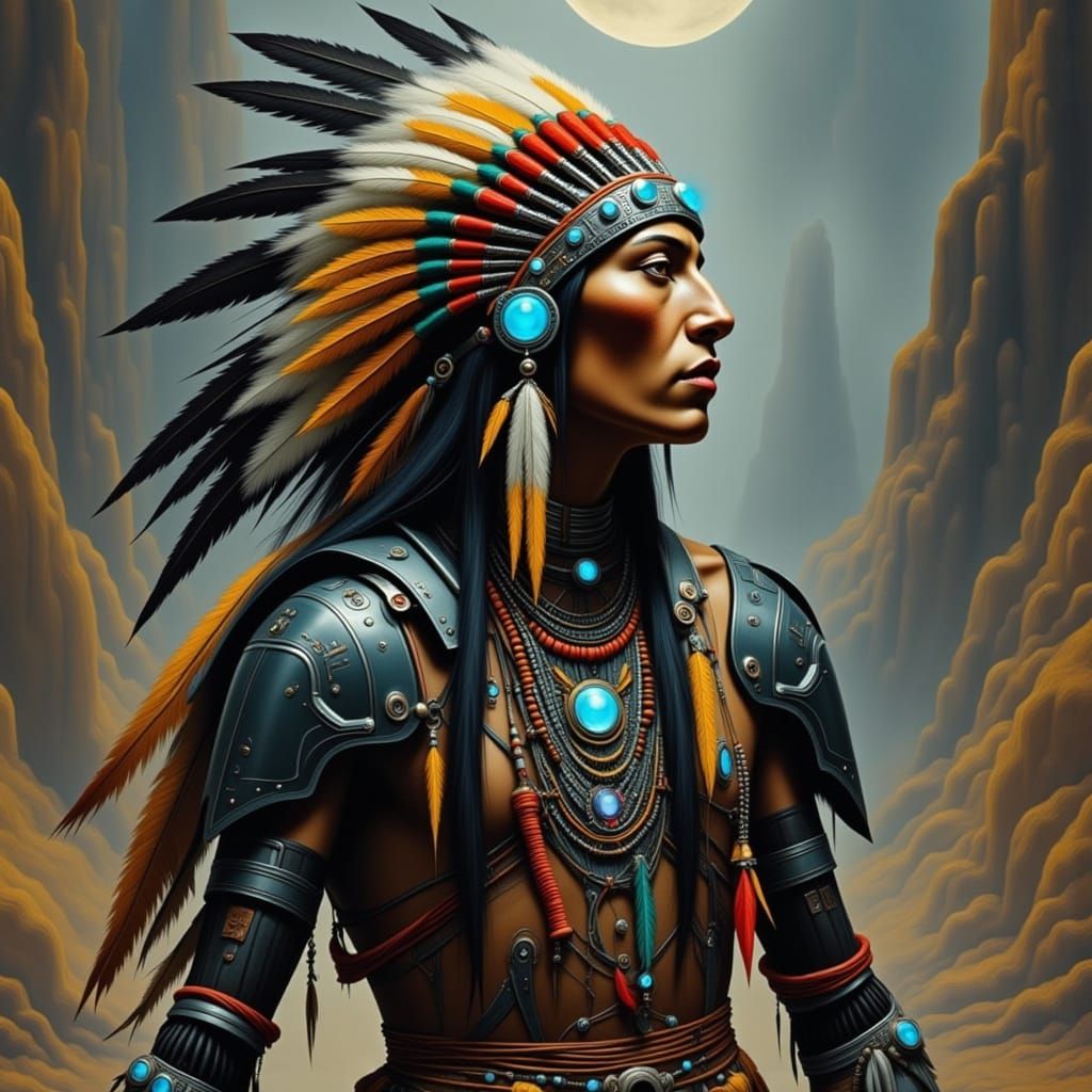 Native American Cyborg Warrior in Cyberpunk Landscape