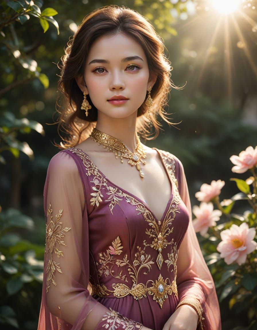 Radiant Woman in Flowing Gown: Hyper-Realistic Photography