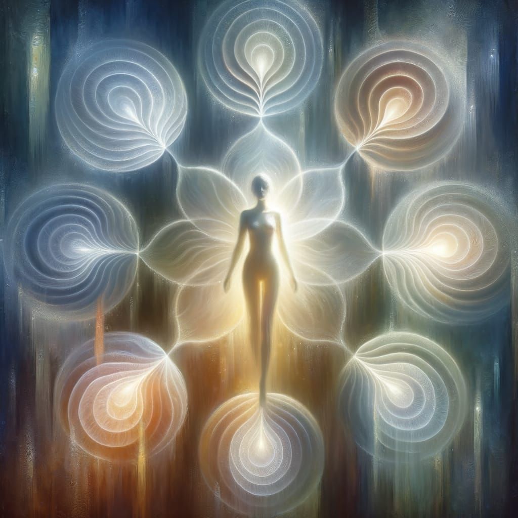 Mystical Figure in Ethereal Energy Layers