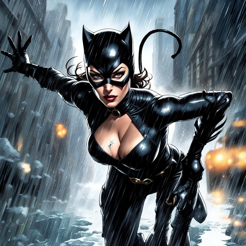 Catwoman in Rain: Dynamic Comic Book Illustration