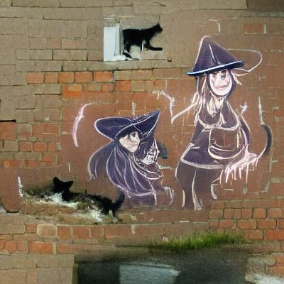 Graffiti Art of a Witch and Cat