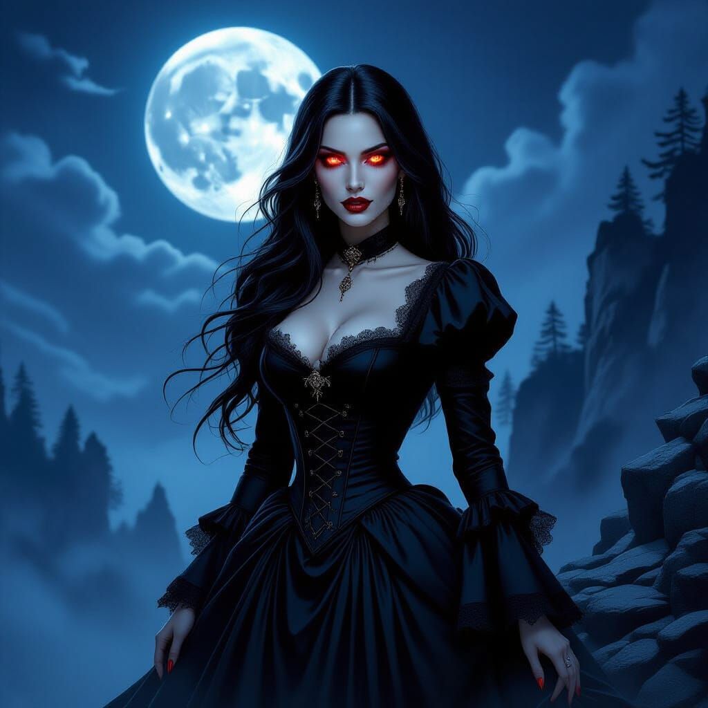 Seductive Vampire on Moonlit Cliff Overlooking Forest