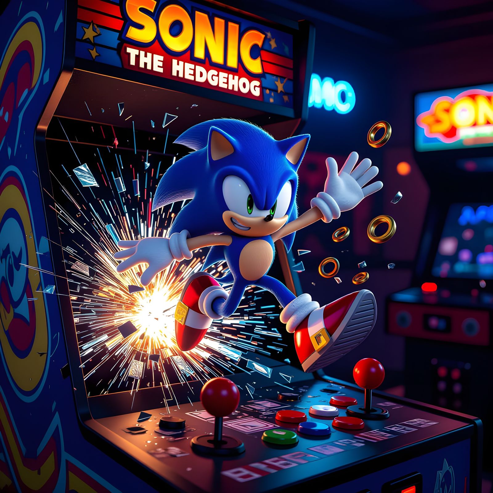 Sonic Leaps From Arcade Screen in Hyper-Realistic 3D Render