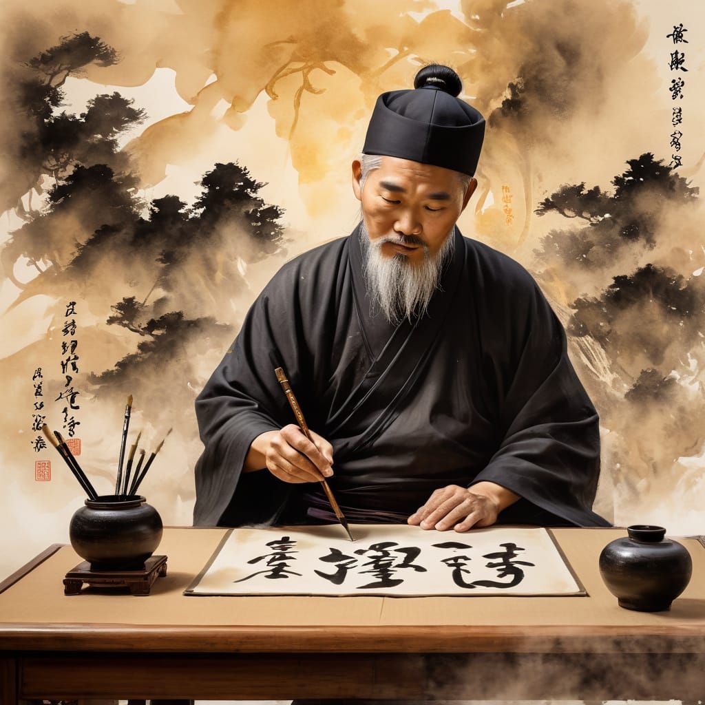Taoist Priest Writing Spells in Chinese Ink Illustration