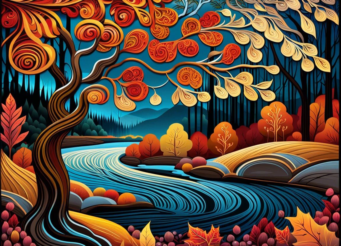 Autumn Forest Merges into Winter: An Art Nouveau Landscape