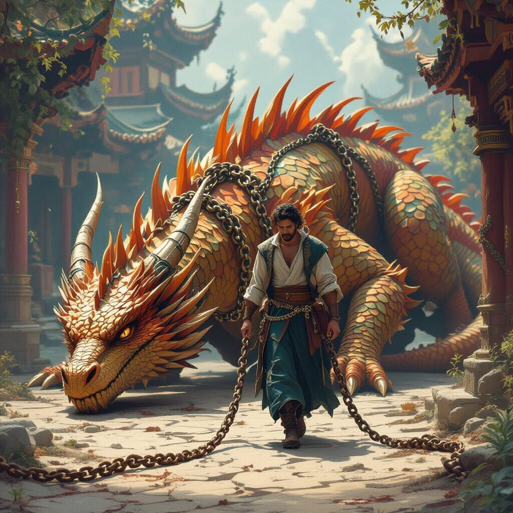 Man Drags Sleeping Dragon with Ornate Chains