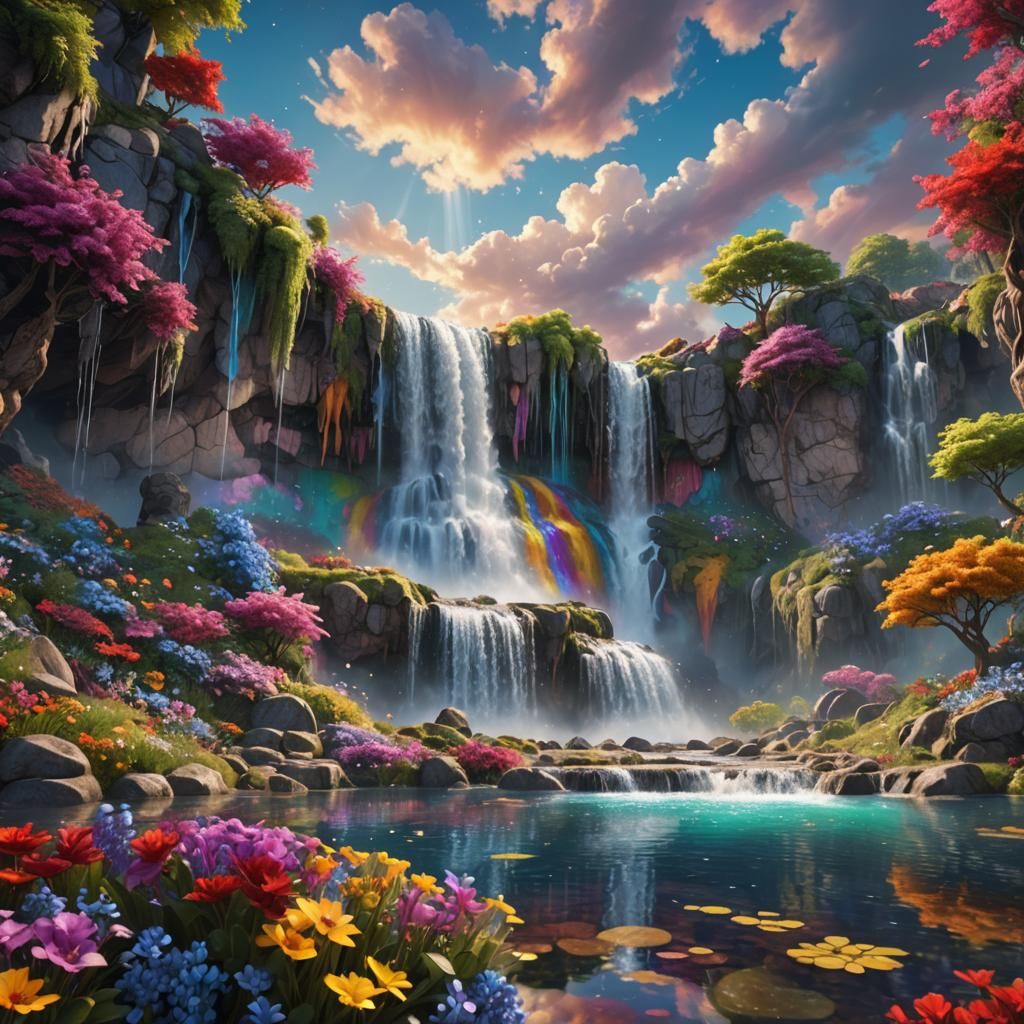 Sparkling Multicolored Waterfall in Fantasy Landscape