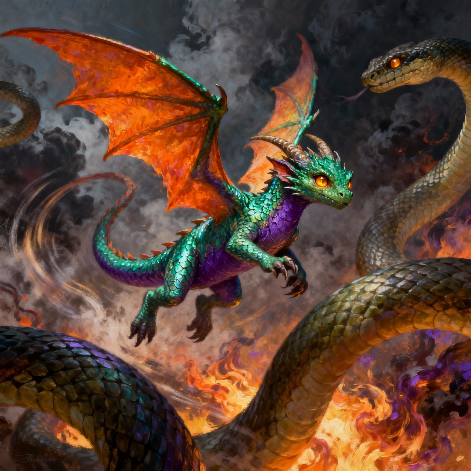 Baby Dragon Evades Serpent Pursuers in Dynamic Digital Art