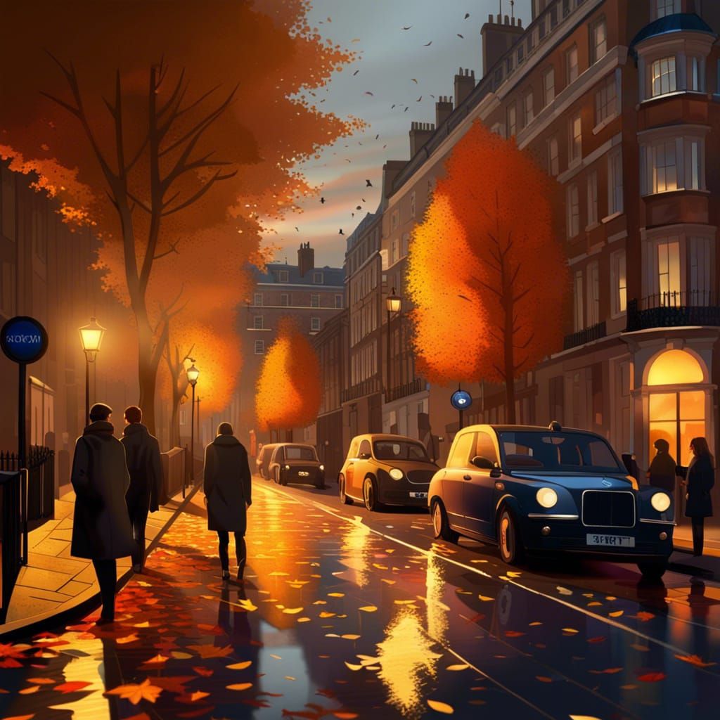 London Street at Autumn Dusk in Splash Art Style